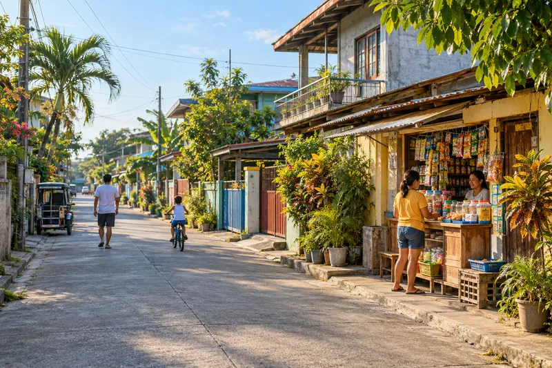 Residential street na may concrete houses at tropical plants
