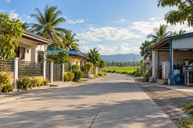 Provincial access road na may mga bahay at tanaw na luntiang bukid