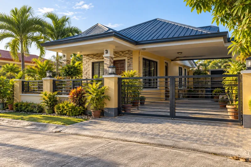 Bahay na may gate at paved driveway