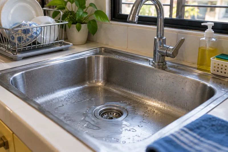 Kitchen sink na may naiipong tubig