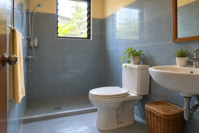 Malinis na banyo na may inidoro at floor drain