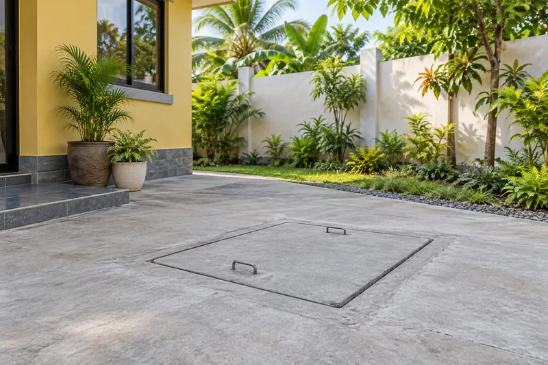Saradong concrete septic access sa isang residential courtyard