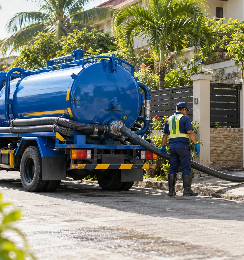 Septic tanker na may suction hose sa isang residential na lugar